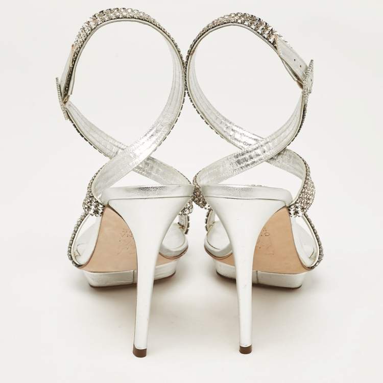 Pre Owned Gina Silver Leather Ankle Strap Sandals 39.5