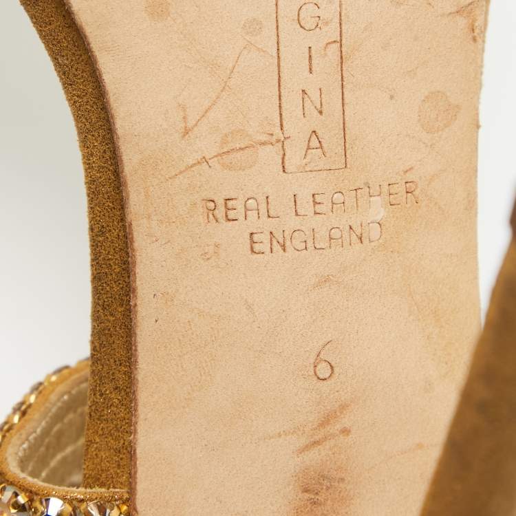 Pre Owned Gina Gold Crystal Embellished Suede Ankle Wrap Sandals Size 39