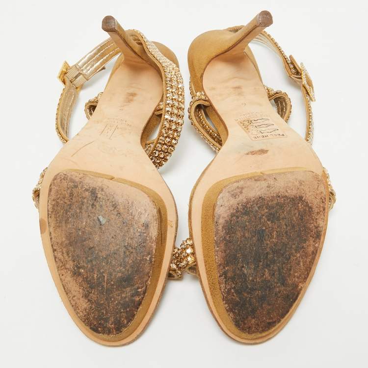 Pre Owned Gina Gold Crystal Embellished Suede Ankle Wrap Sandals Size 39