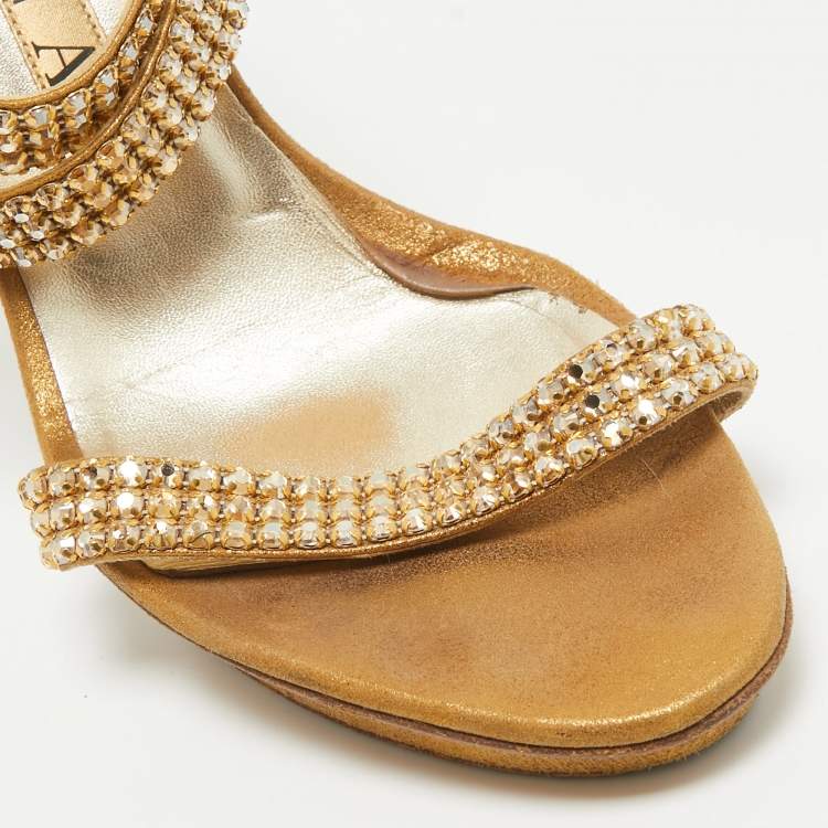 Pre Owned Gina Gold Crystal Embellished Suede Ankle Wrap Sandals Size 39