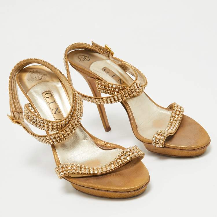 Pre Owned Gina Gold Crystal Embellished Suede Ankle Wrap Sandals Size 39