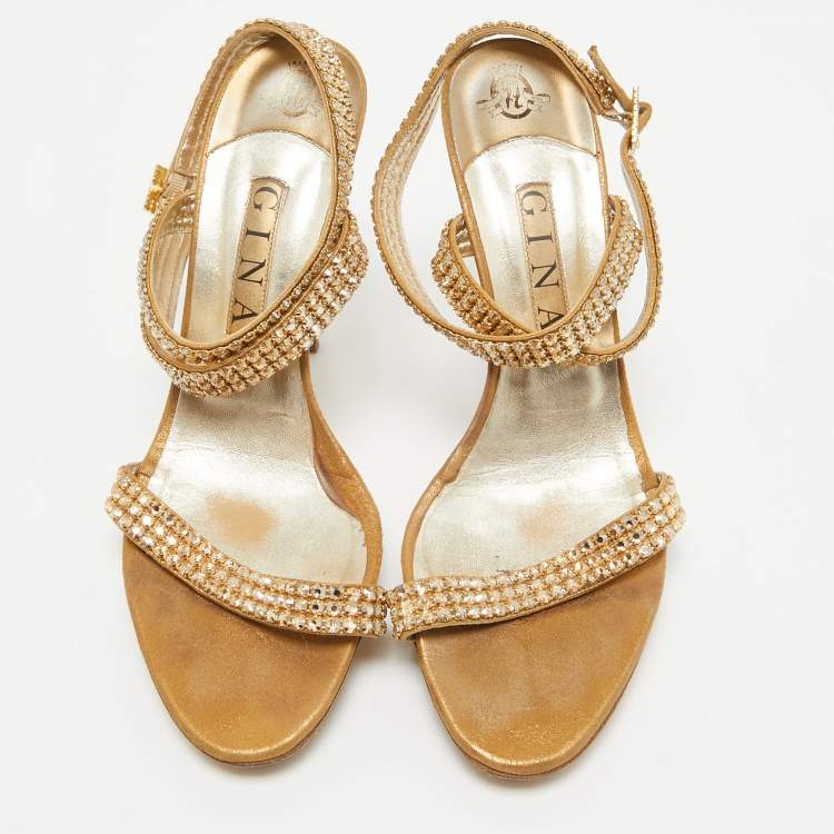 Pre Owned Gina Gold Crystal Embellished Suede Ankle Wrap Sandals Size 39
