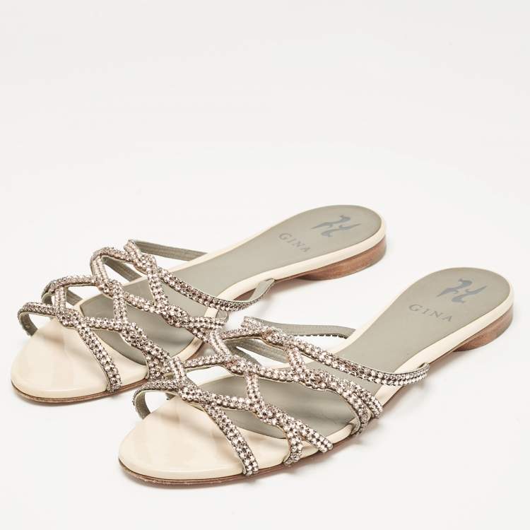 Pre Owned Gina Beige Leather Crystal Embellished Flat Slides Size 40