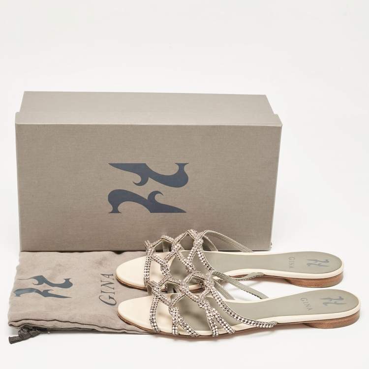 Pre Owned Gina Beige Leather Crystal Embellished Flat Slides Size 40