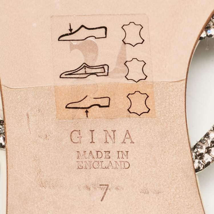 Pre Owned Gina Beige Leather Crystal Embellished Flat Slides Size 40