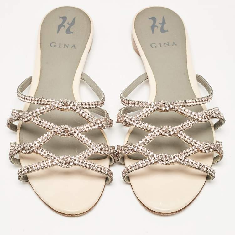 Pre Owned Gina Beige Leather Crystal Embellished Flat Slides Size 40