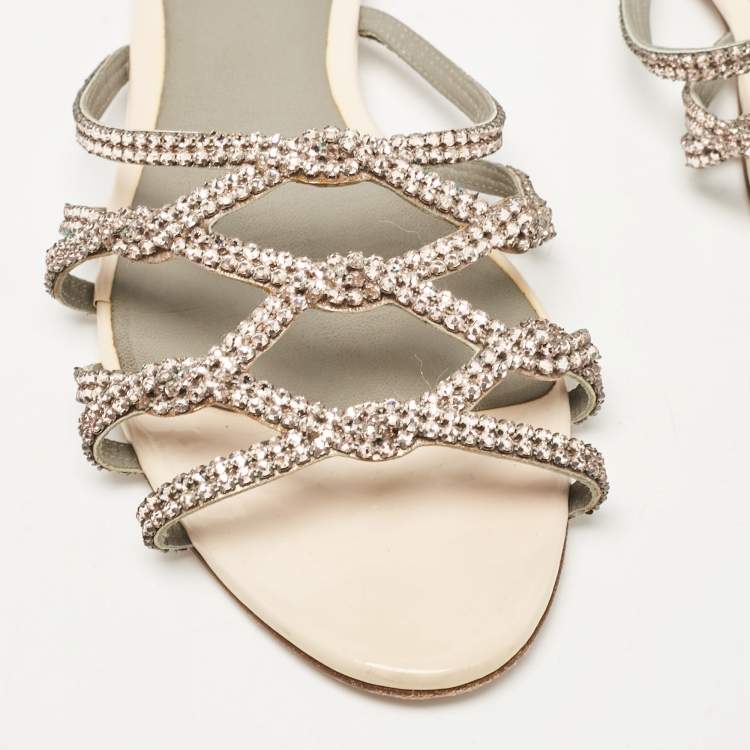 Pre Owned Gina Beige Leather Crystal Embellished Flat Slides Size 40