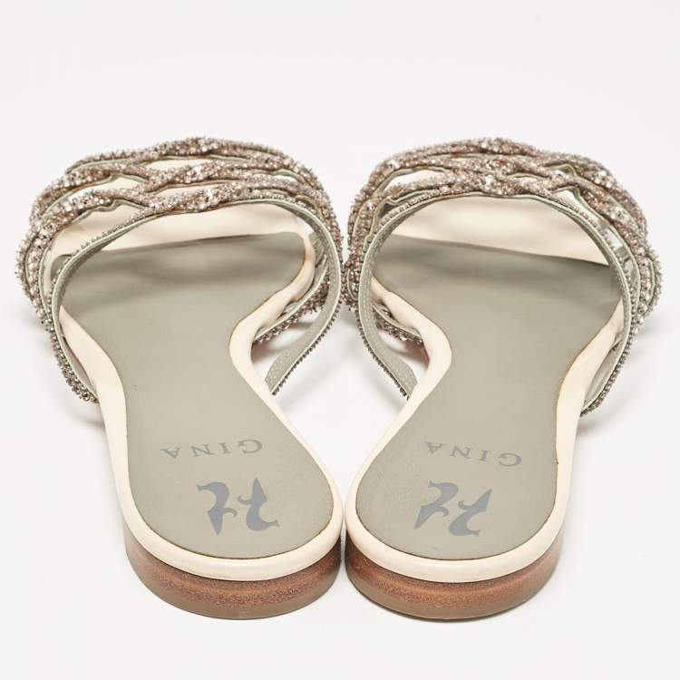 Pre Owned Gina Beige Leather Crystal Embellished Flat Slides Size 40