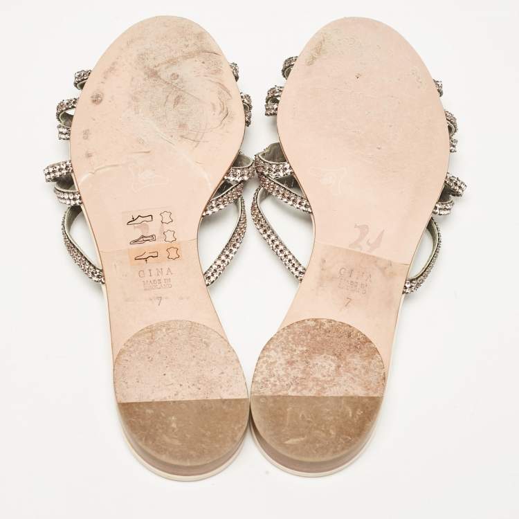 Pre Owned Gina Beige Leather Crystal Embellished Flat Slides Size 40