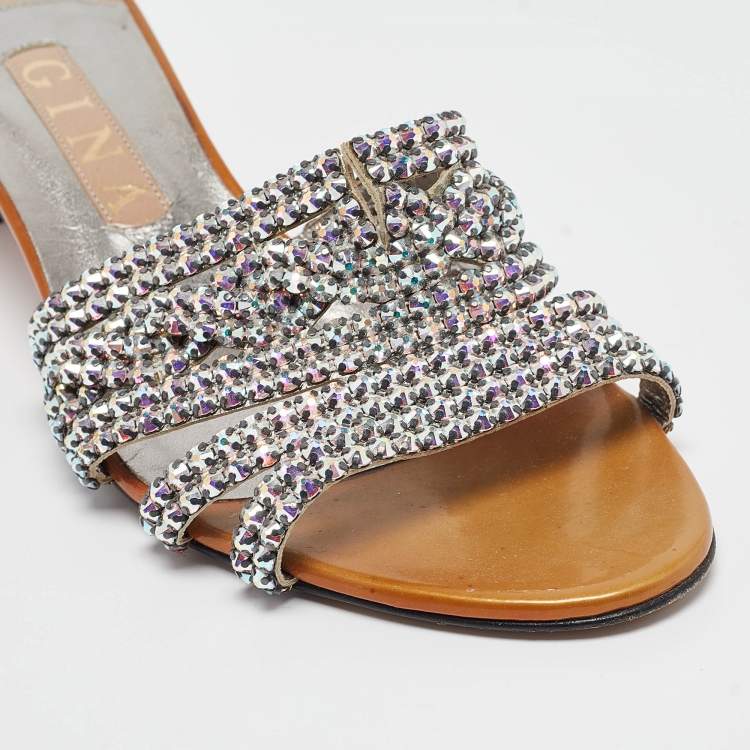 Pre Owned Gina Silver Patent and Leather Crystal Embellished Slide Sandals Size 39