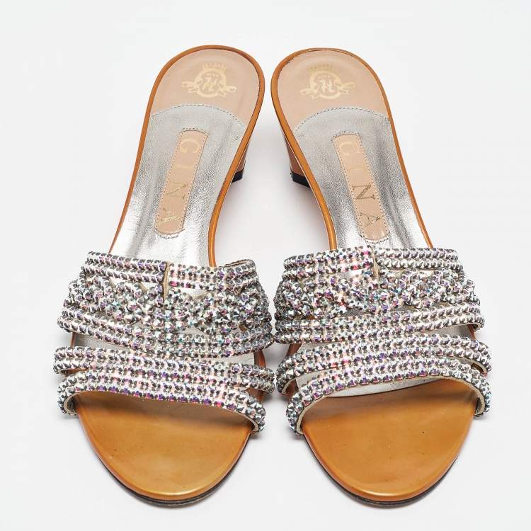 Pre Owned Gina Silver Patent and Leather Crystal Embellished Slide Sandals Size 39
