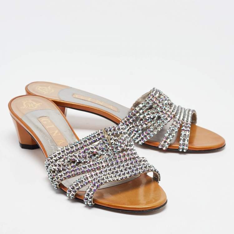 Pre Owned Gina Silver Patent and Leather Crystal Embellished Slide Sandals Size 39