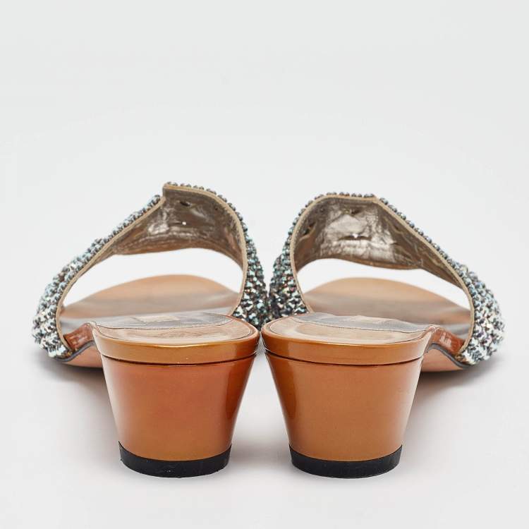 Pre Owned Gina Silver Patent and Leather Crystal Embellished Slide Sandals Size 39