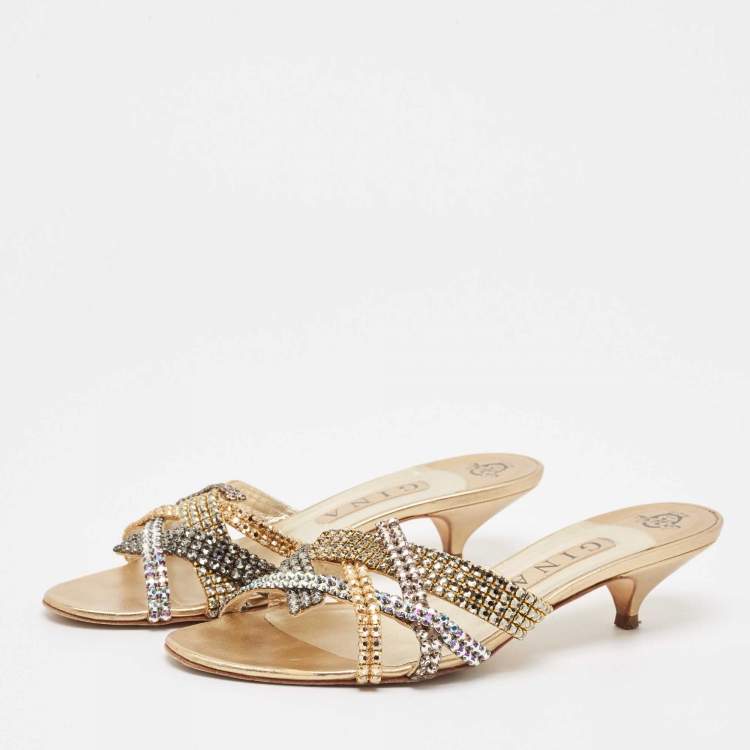 Pre Owned Gina Gold Leather Crystal Embellished Slide Sandals Size 39.5