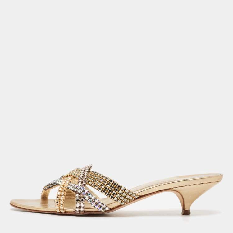 Pre Owned Gina Gold Leather Crystal Embellished Slide Sandals Size 39.5