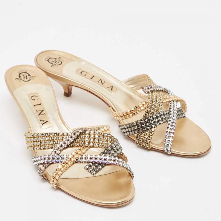 Pre Owned Gina Gold Leather Crystal Embellished Slide Sandals Size 39.5
