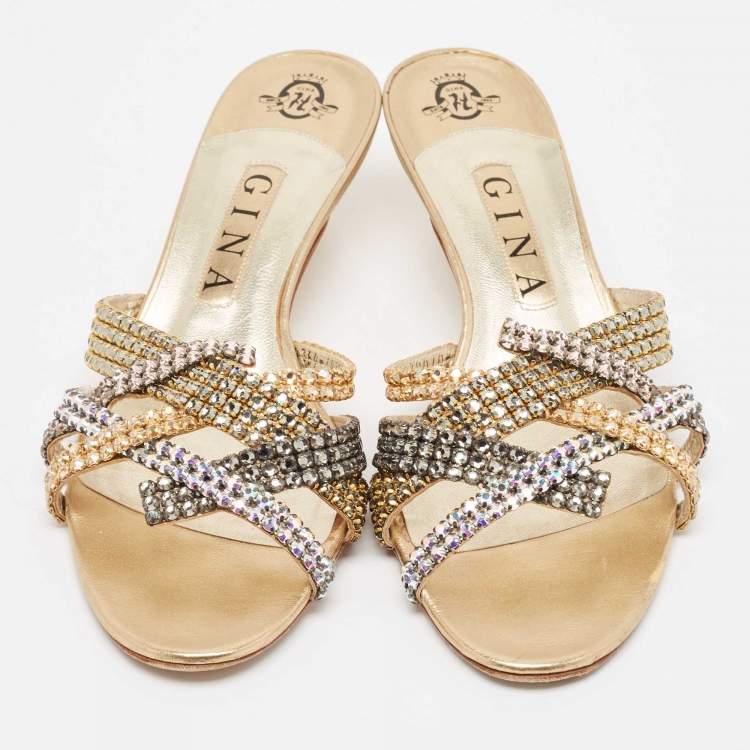 Pre Owned Gina Gold Leather Crystal Embellished Slide Sandals Size 39.5