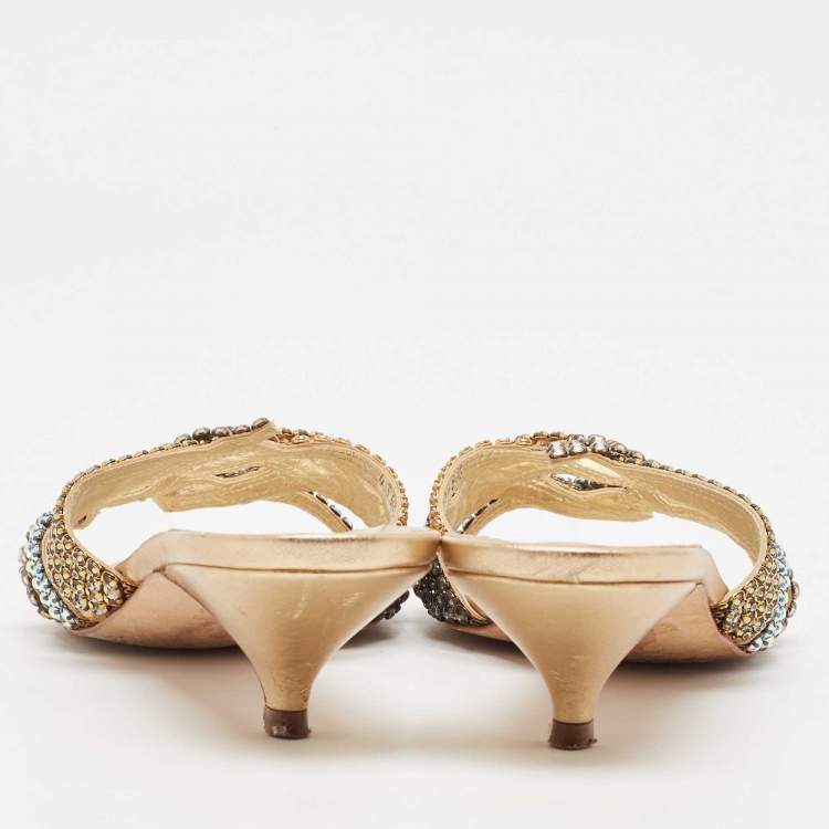 Pre Owned Gina Gold Leather Crystal Embellished Slide Sandals Size 39.5
