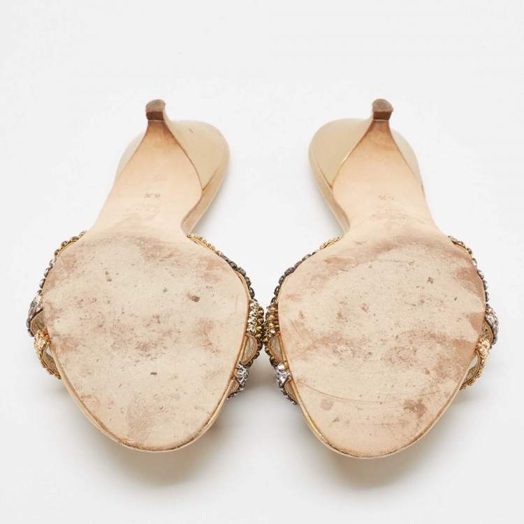 Pre Owned Gina Gold Leather Crystal Embellished Slide Sandals Size 39.5