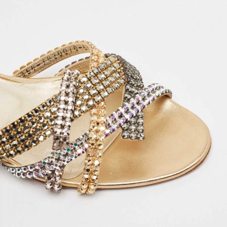 Pre Owned Gina Gold Leather Crystal Embellished Slide Sandals Size 39.5