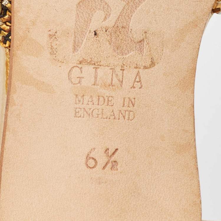 Pre Owned Gina Gold Leather Crystal Embellished Slide Sandals Size 39.5