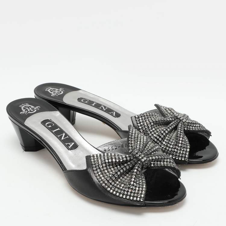 Pre Owned Gina Black Crystal Embellished Leather Bow Slide Sandals Size 38.5