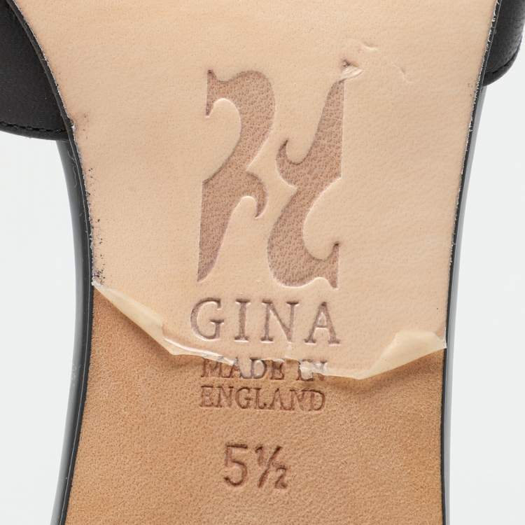 Pre Owned Gina Black Crystal Embellished Leather Bow Slide Sandals Size 38.5