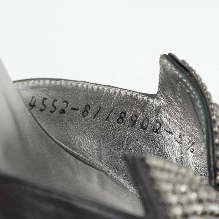 Pre Owned Gina Black Crystal Embellished Leather Bow Slide Sandals Size 38.5