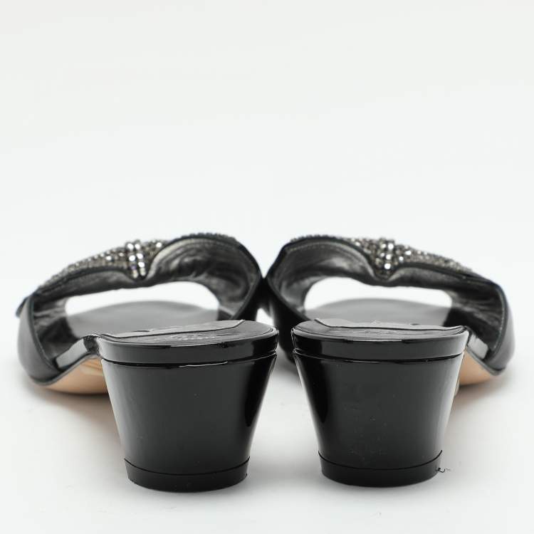 Pre Owned Gina Black Crystal Embellished Leather Bow Slide Sandals Size 38.5