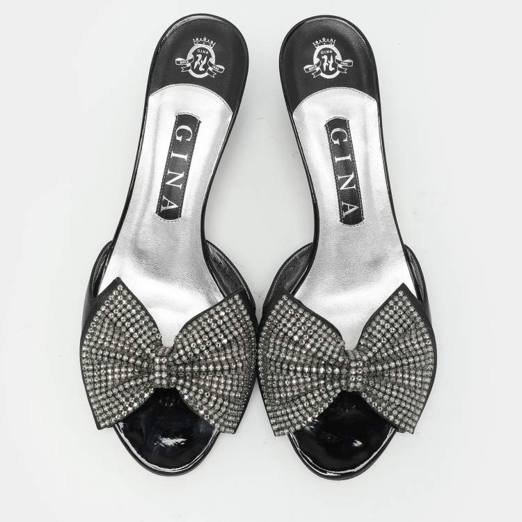 Pre Owned Gina Black Crystal Embellished Leather Bow Slide Sandals Size 38.5