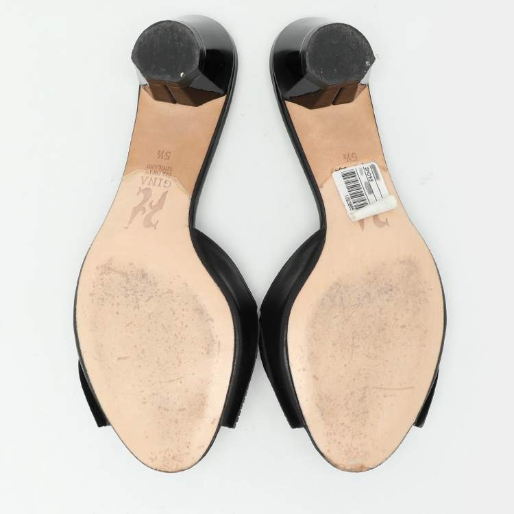 Pre Owned Gina Black Crystal Embellished Leather Bow Slide Sandals Size 38.5