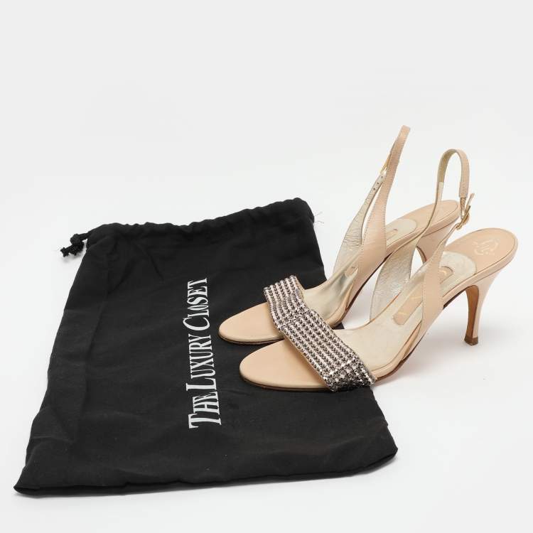 Pre Owned Gina Beige Crystal Embellished Leather Slingback Sandals Size 37