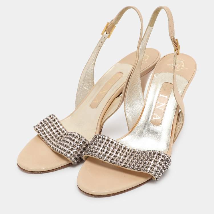 Pre Owned Gina Beige Crystal Embellished Leather Slingback Sandals Size 37