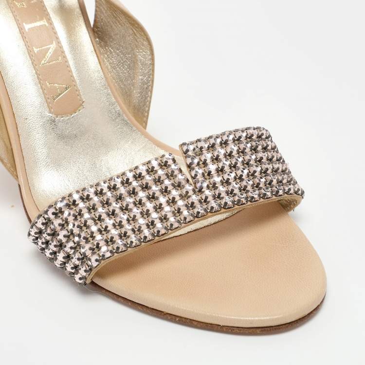 Pre Owned Gina Beige Crystal Embellished Leather Slingback Sandals Size 37
