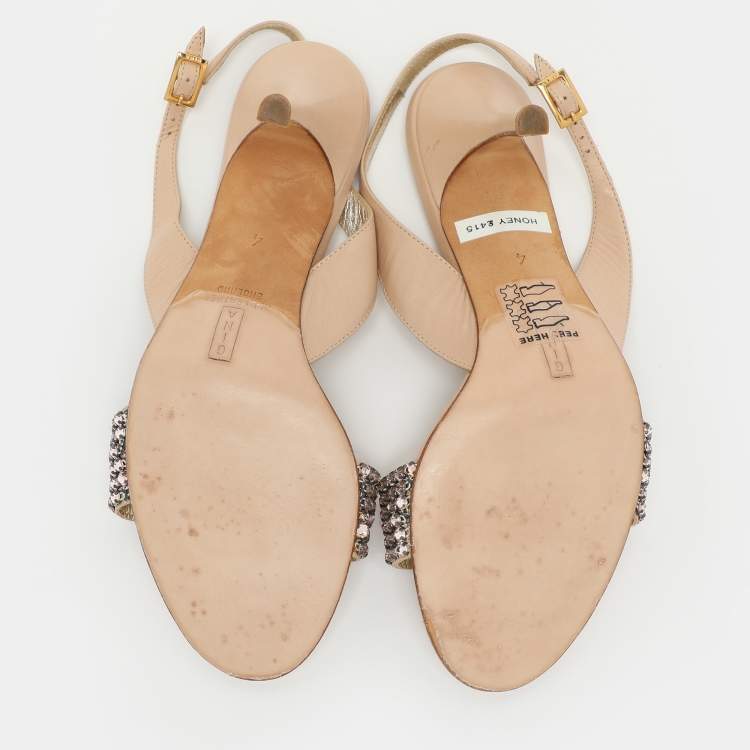 Pre Owned Gina Beige Crystal Embellished Leather Slingback Sandals Size 37