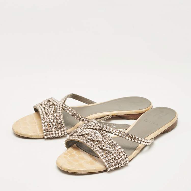 Pre Owned Gina Pink/Beige Crystal Embellished Leather Flat Slides Size 38.5