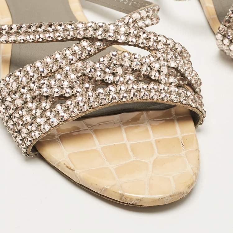 Pre Owned Gina Pink/Beige Crystal Embellished Leather Flat Slides Size 38.5