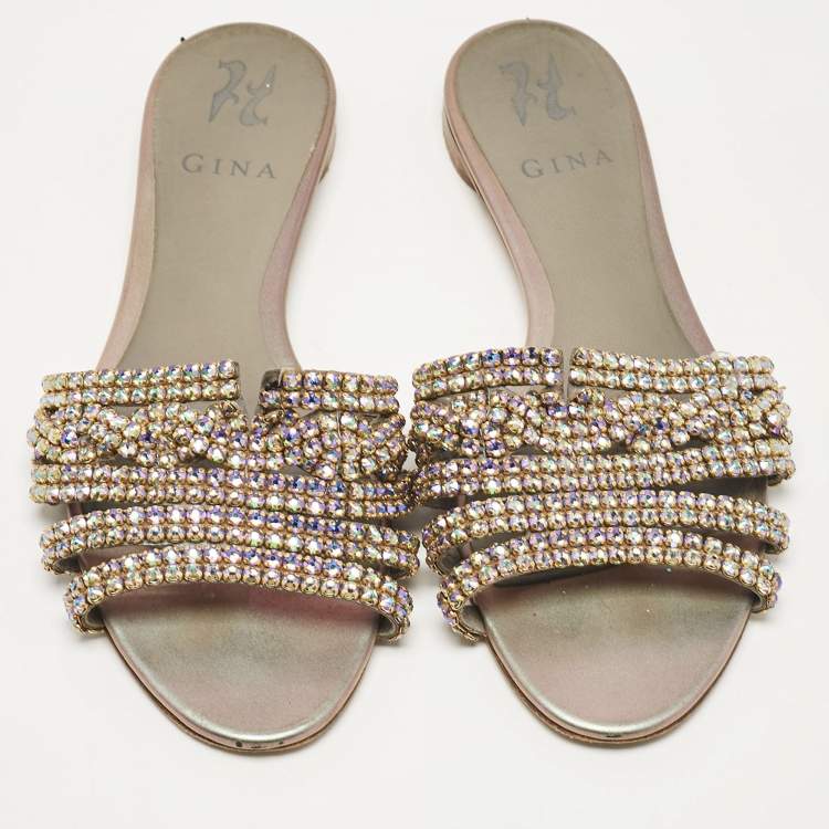Pre Owned Gina Metallic Crystal Embellished Leather Flat Slides Size 38.5