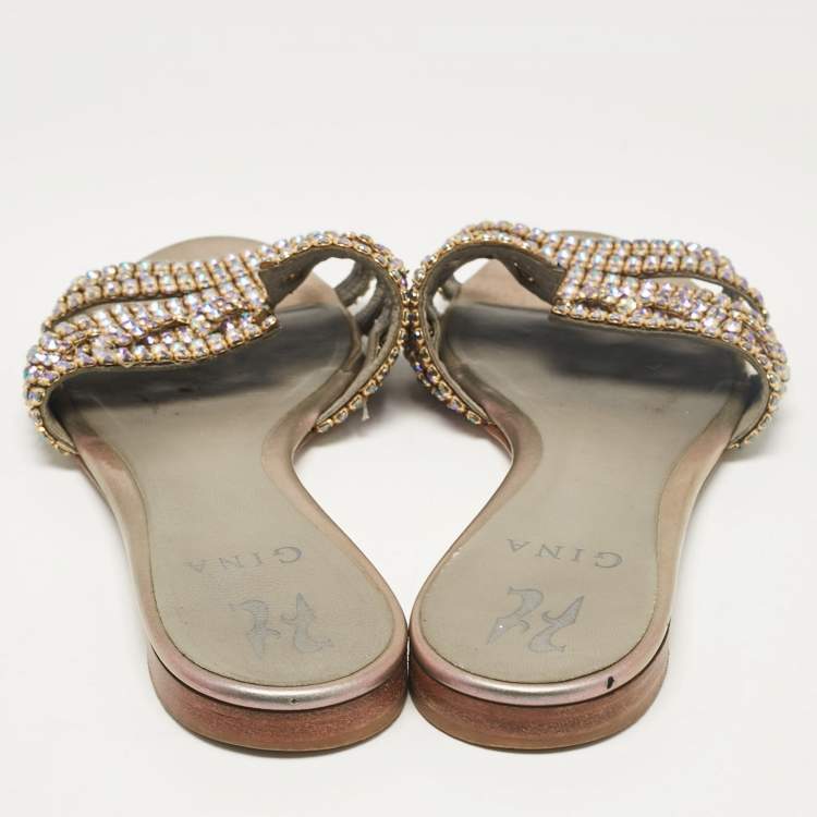 Pre Owned Gina Metallic Crystal Embellished Leather Flat Slides Size 38.5