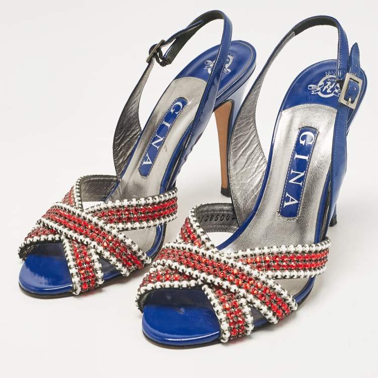 Pre Owned Gina Blue Patent Leather Crystal Embellished Slingback Sandals Size 37