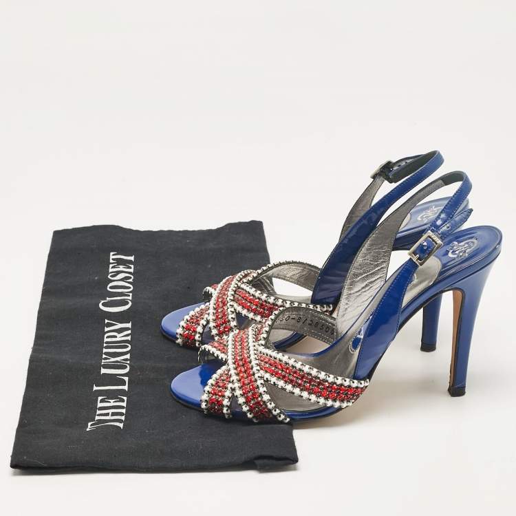 Pre Owned Gina Blue Patent Leather Crystal Embellished Slingback Sandals Size 37
