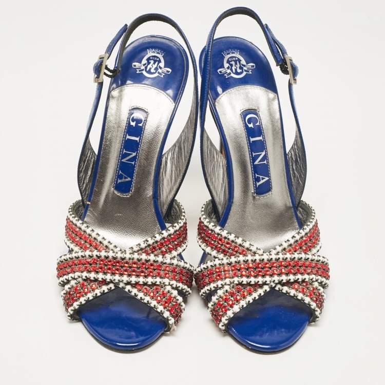 Pre Owned Gina Blue Patent Leather Crystal Embellished Slingback Sandals Size 37
