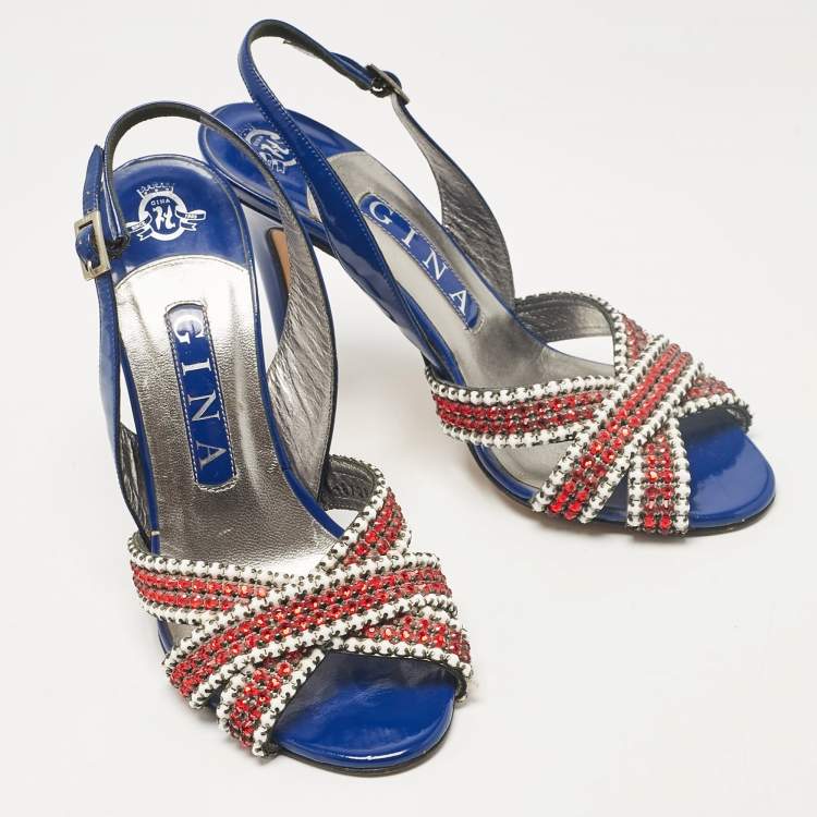 Pre Owned Gina Blue Patent Leather Crystal Embellished Slingback Sandals Size 37