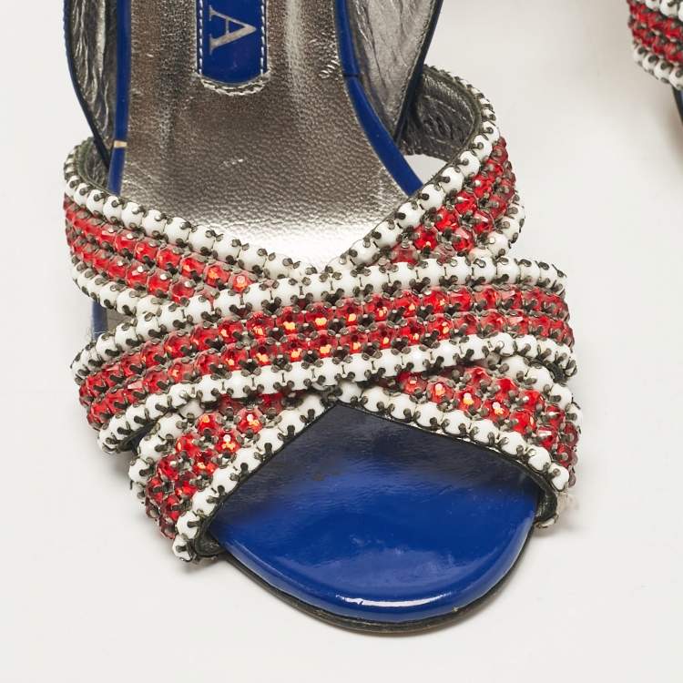 Pre Owned Gina Blue Patent Leather Crystal Embellished Slingback Sandals Size 37