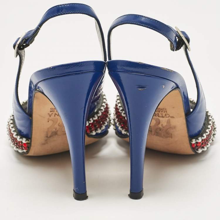 Pre Owned Gina Blue Patent Leather Crystal Embellished Slingback Sandals Size 37