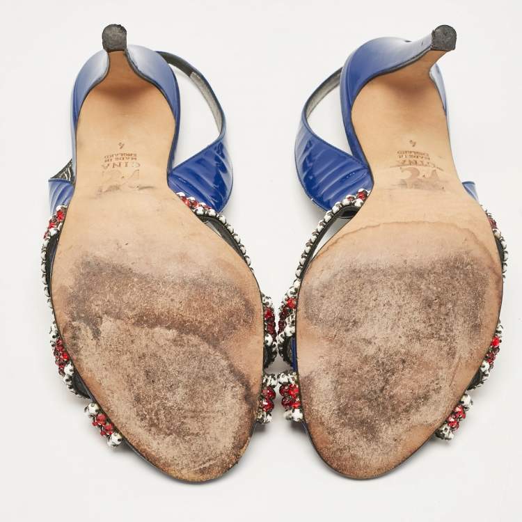 Pre Owned Gina Blue Patent Leather Crystal Embellished Slingback Sandals Size 37