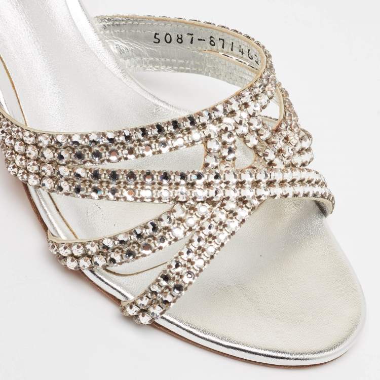 Pre Owned Gina Silver Leather Crystal Embellished Gabriella Slide Sandals Size 37