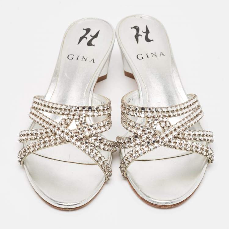 Pre Owned Gina Silver Leather Crystal Embellished Gabriella Slide Sandals Size 37