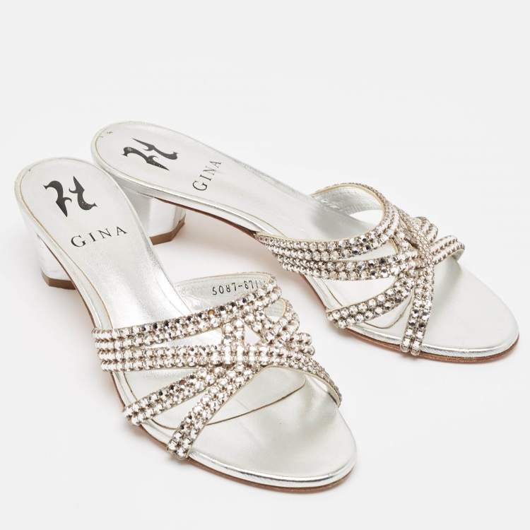 Pre Owned Gina Silver Leather Crystal Embellished Gabriella Slide Sandals Size 37
