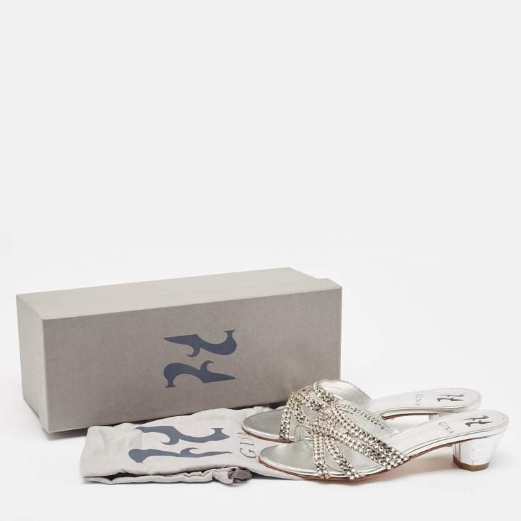Pre Owned Gina Silver Leather Crystal Embellished Gabriella Slide Sandals Size 37